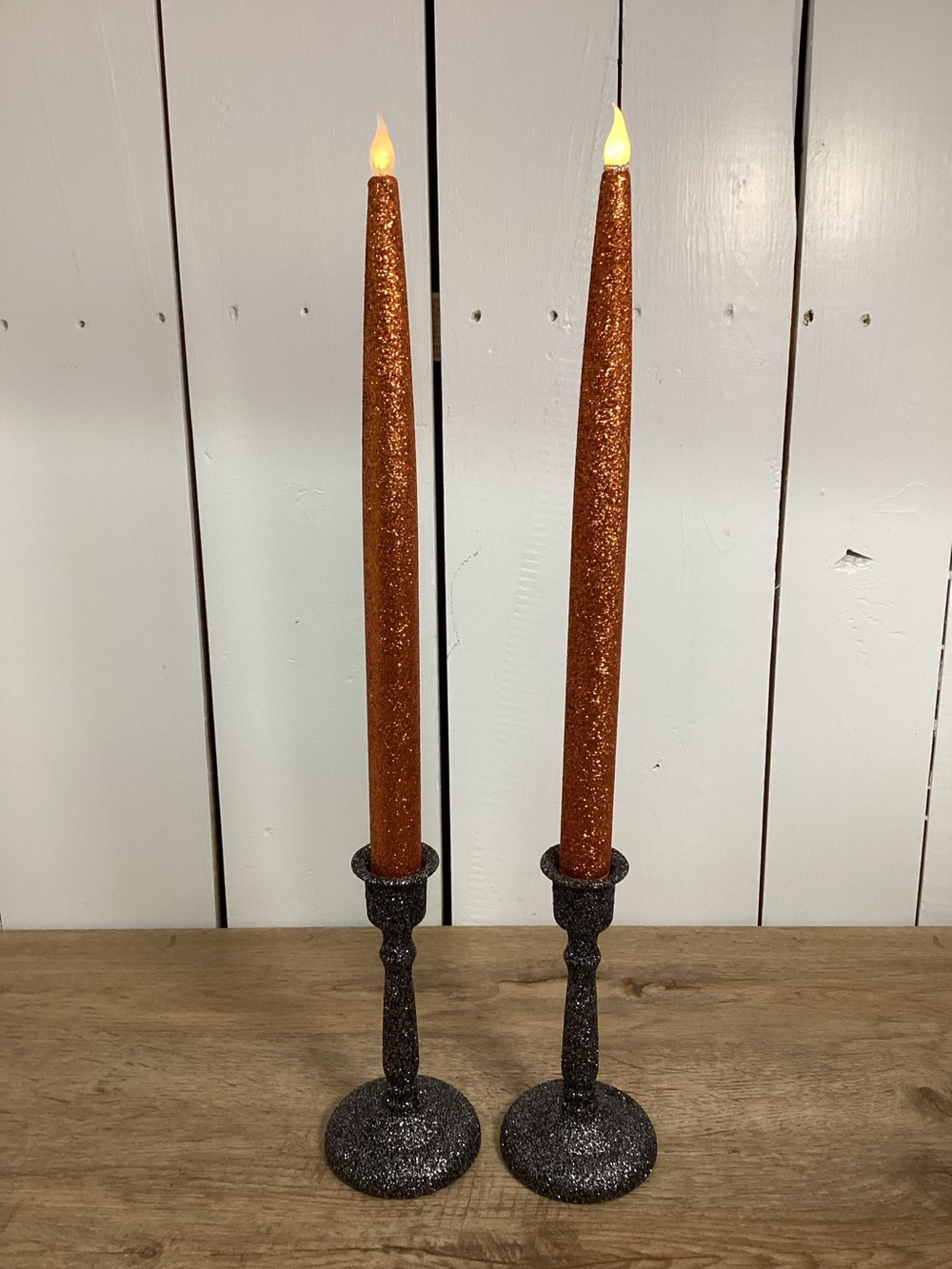 Pair Halloween Glitter Black Candleholders & Battery Taper Candles
